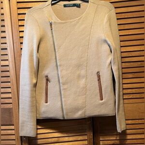Lauren Ralph Lauren Tan Asymmetrical Zipper Front Knit Cardigan/Jacket
